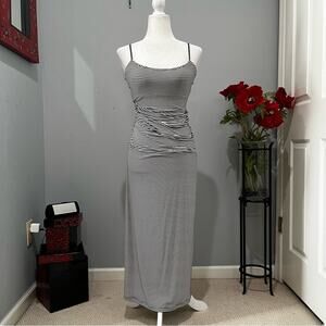 NEW MSSP Striped Olive Ruched Gathered Adjustable Fitted Longline Maxi Dress XS